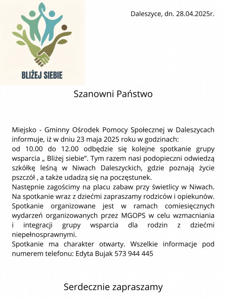 MGOPS w Daleszycach zaprasza na spotkanie grupy wsparcia &quot;Bliżej siebie&quot;